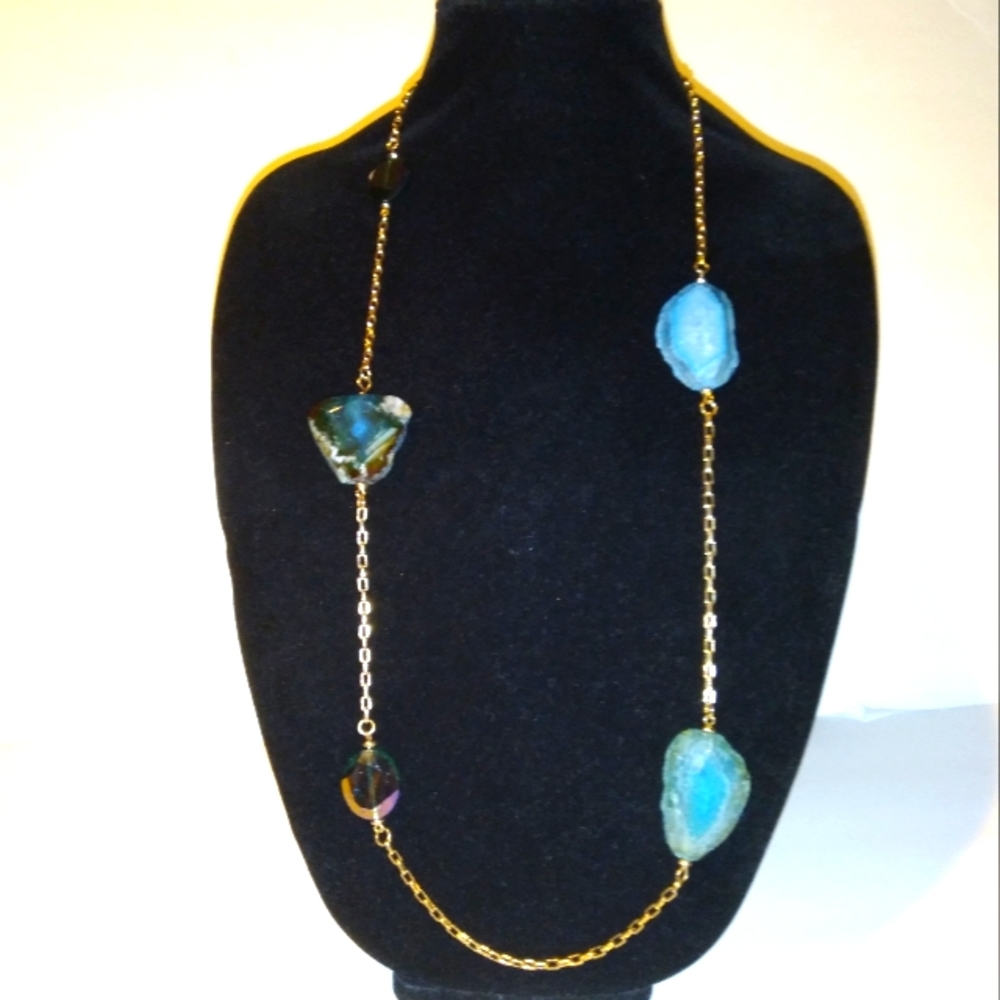 Long Crystal Stones And Aqua Glass Beaded Chain Necklace